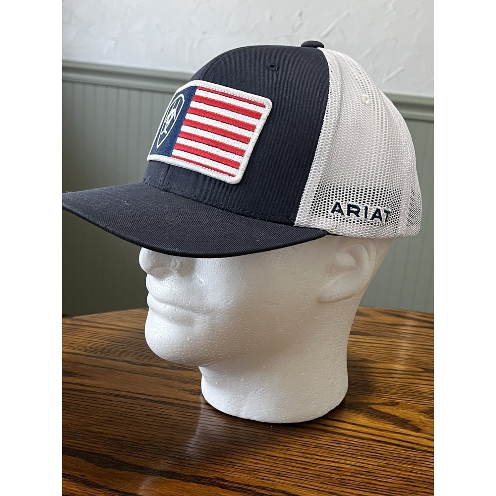 Ariat Trucker Snapback Hat Cap One Size‎ US Flag Patch Logo Blue Rodeo Cowboy
